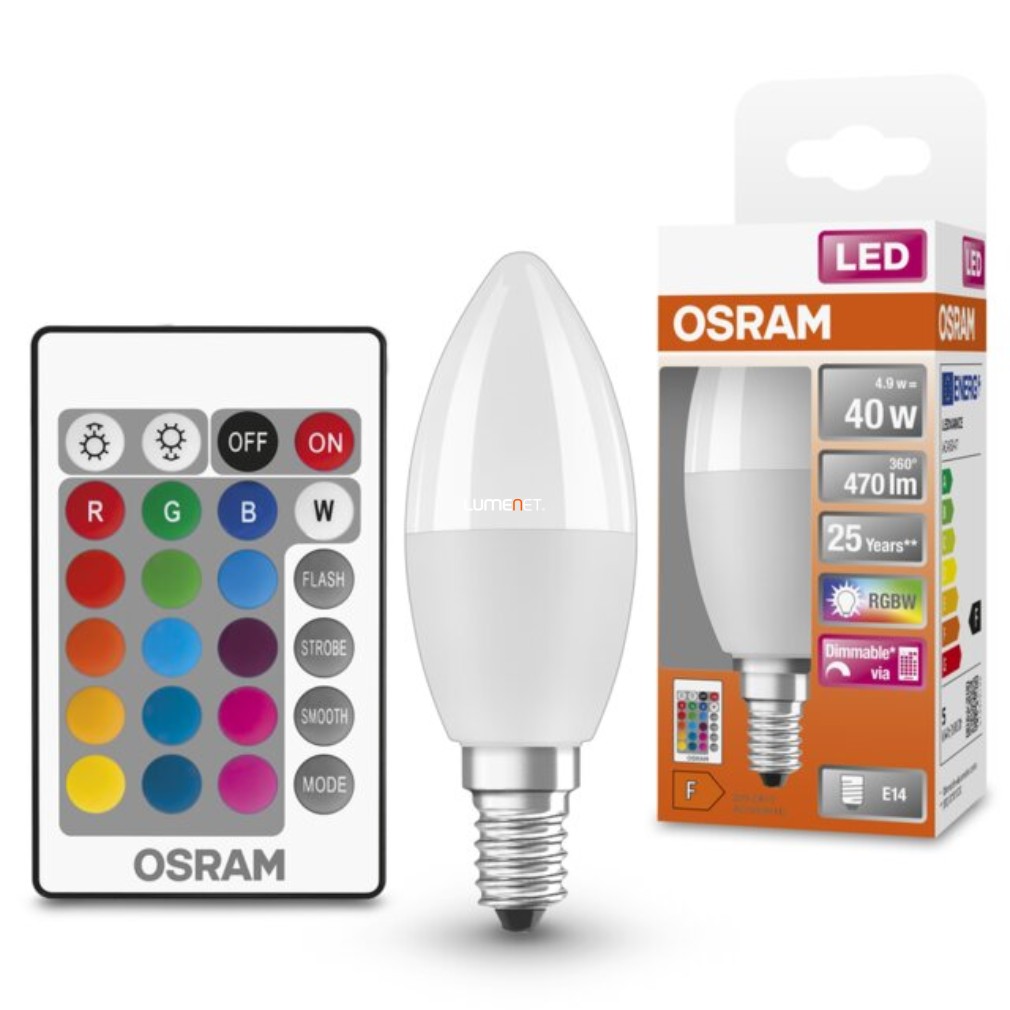 Osram E14 RGBW LED Star+ lumânare 4.9W 470lm 2700K alb cald 200° - înlocuire bec 40W, cu telecomandă