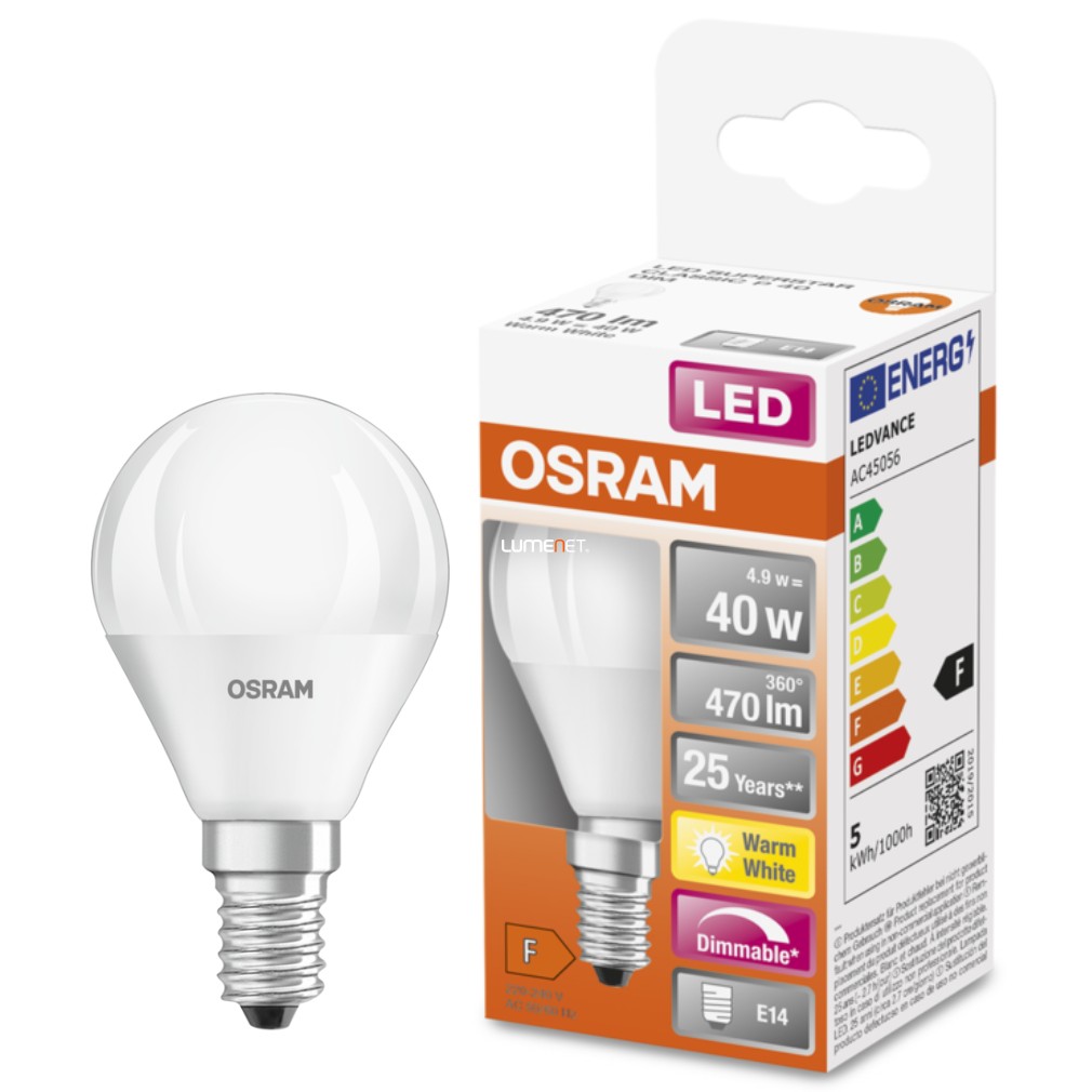 Osram E14 LED SStar glob mic 4.9W 470lm 2700K alb cald, reglabil 240° - înlocuire bec 40W