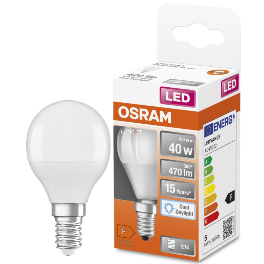 Osram E14 LED Star glob mic 4.9W 470lm 6500K lumina zilei 200° - înlocuire bec 40W