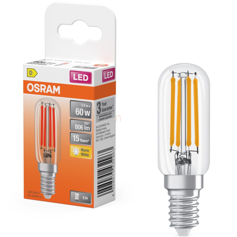 Osram E14 LED 5,9W, 806 lm, 2700 K, alb cald, sticlă transparentă - înlocuiește becul de 60 W - Special T26 filament