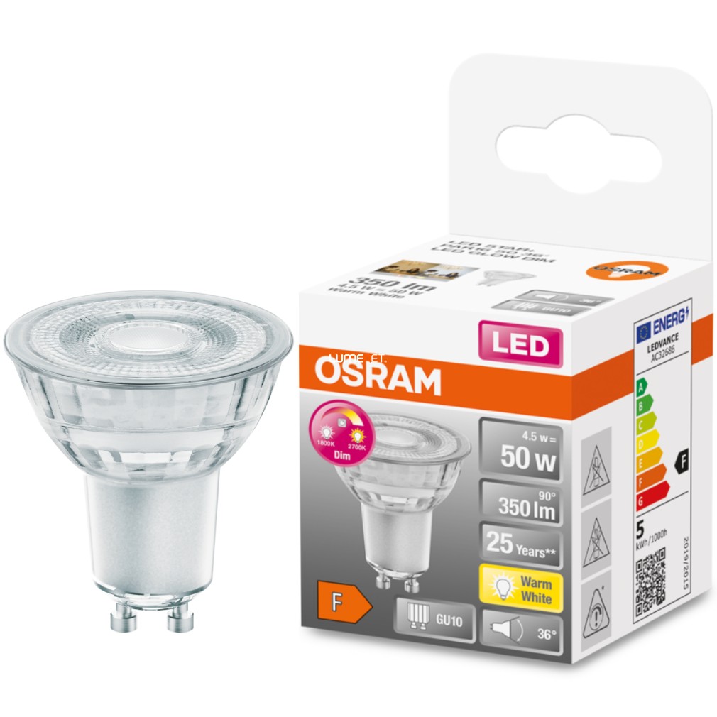 Osram GU10 LED Star+ 4,5W 350lm 2700K alb cald, reglabil 36° - înlocuiește becul de 50W