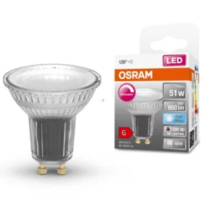   Osram GU10 LED SStar 7,9 W, 650 lm, 4000 K (alb rece), cu intensitate reglabilă, unghi de 120° – în locul unui bec incandescent de 51 W
