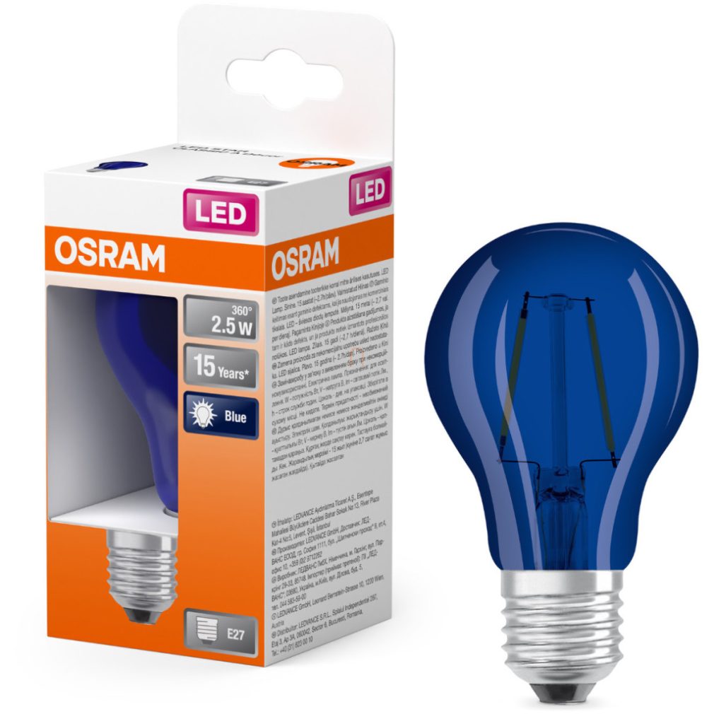 Osram E27 LED 2,5W, 10 lm, 9000 K, sticlă albastră - înlocuiește becul normal de 5 W - Star Classic A filament