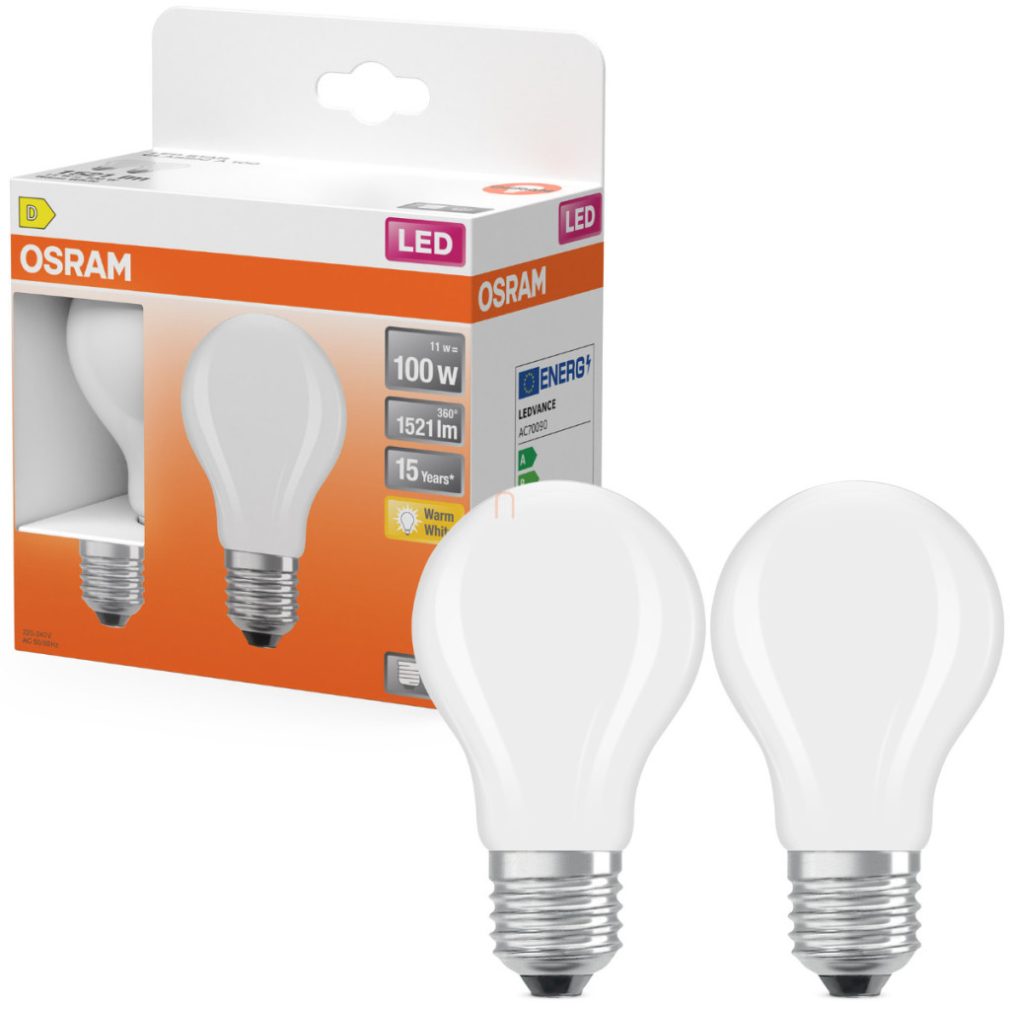Osram E27 LED 11W, 1521 lm, 2700 K, alb cald, sticlă opală - înlocuiește becul normal de 100 W, 2 bucăți - Star Classic A