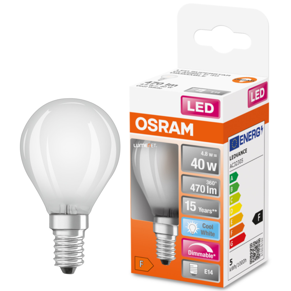 Osram E14 LED SStar glob mic 4.8W 470lm 4000K alb rece, reglabil 320° opal - înlocuire bec 40W