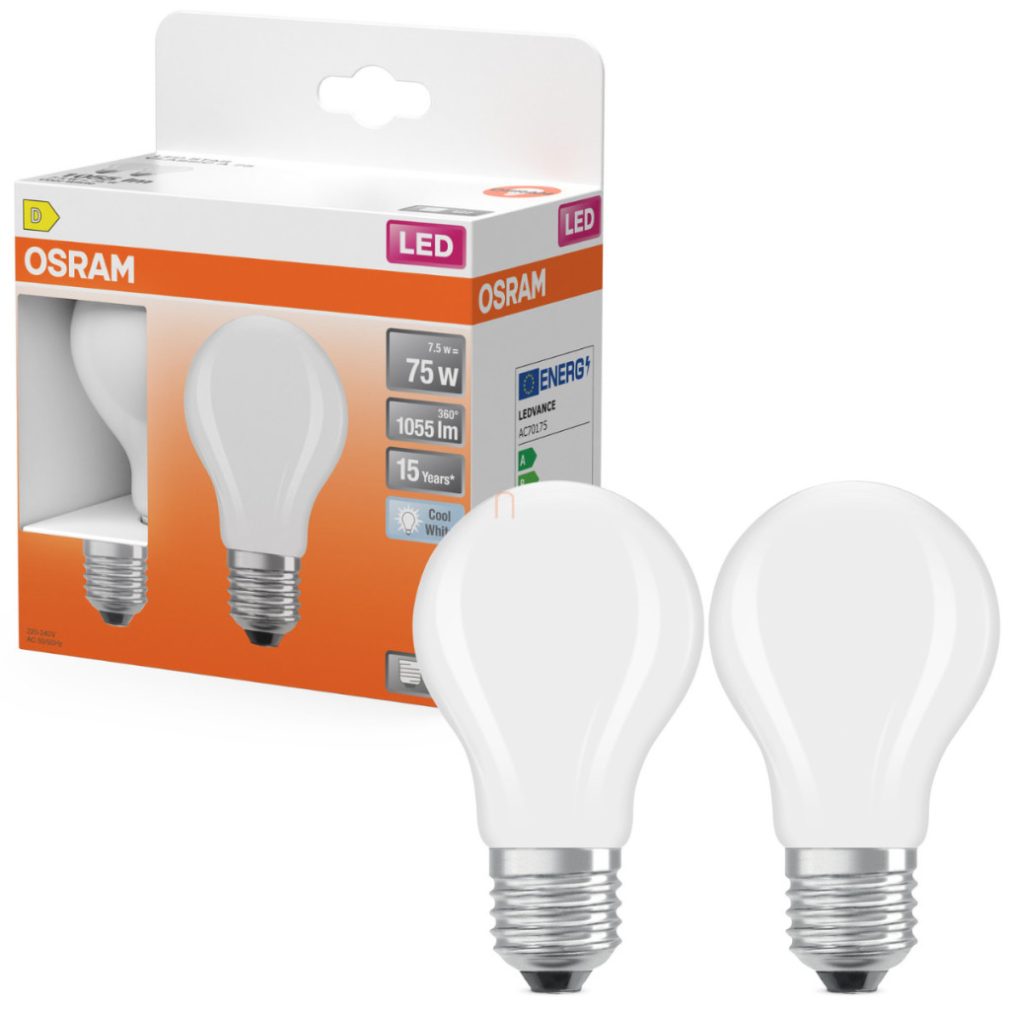 Osram E27 LED 7,5W, 1055 lm, 4000 K, alb rece, sticlă opală - înlocuiește becul normal de 75 W, 2 bucăți - Star Classic A