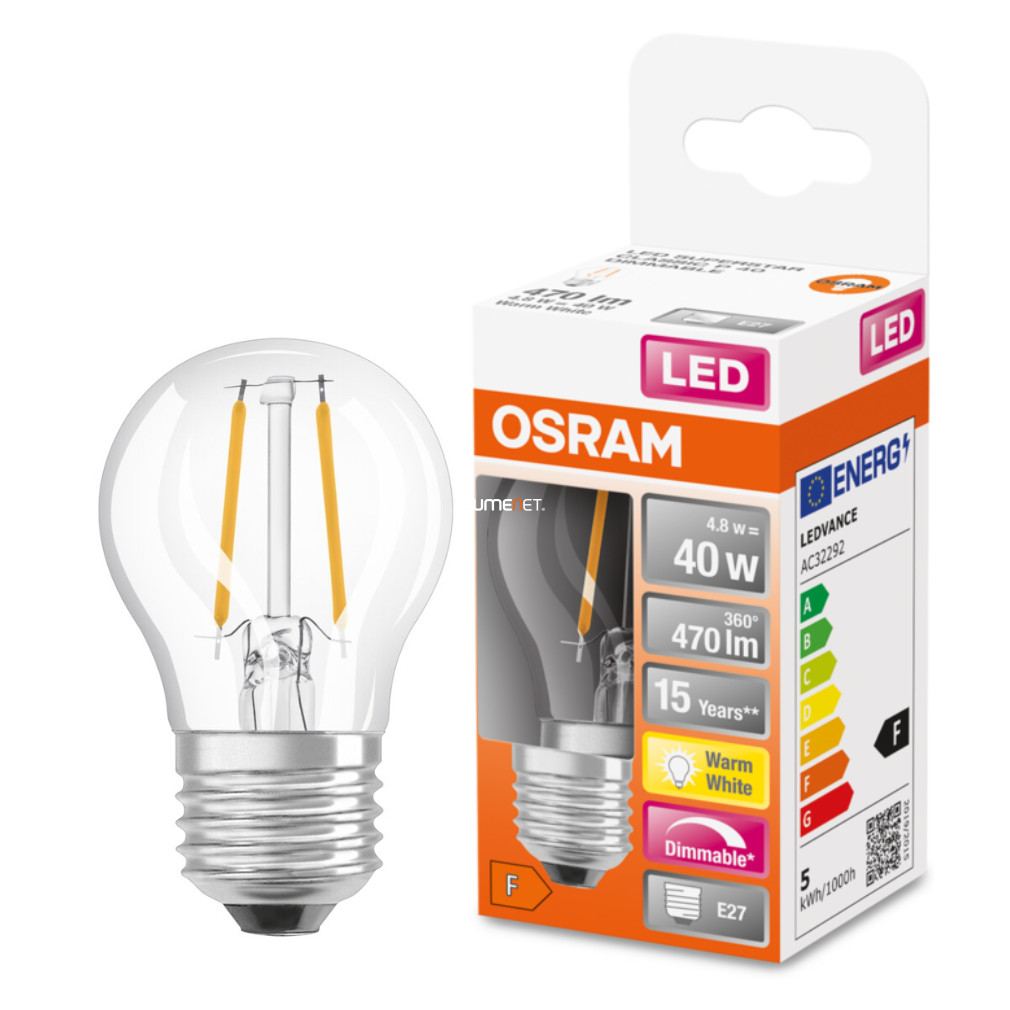 Osram E27 LED SStar glob mic 4.8W 470lm 2700K alb cald, reglabil 320° apă clară - înlocuiește becul de 40W