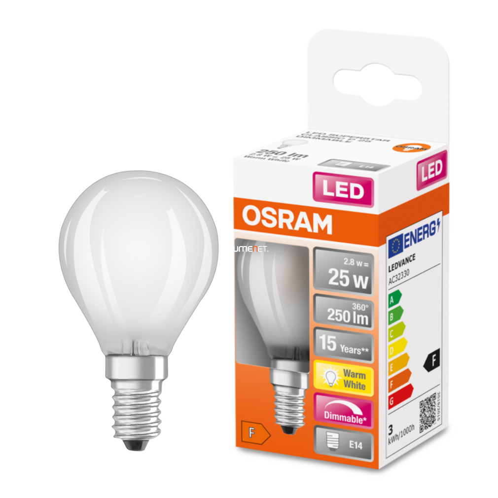 Osram E14 LED SStar glob mic 2.8W 250lm 2700K alb cald, reglabil 320° opal - înlocuiește becul de 25W