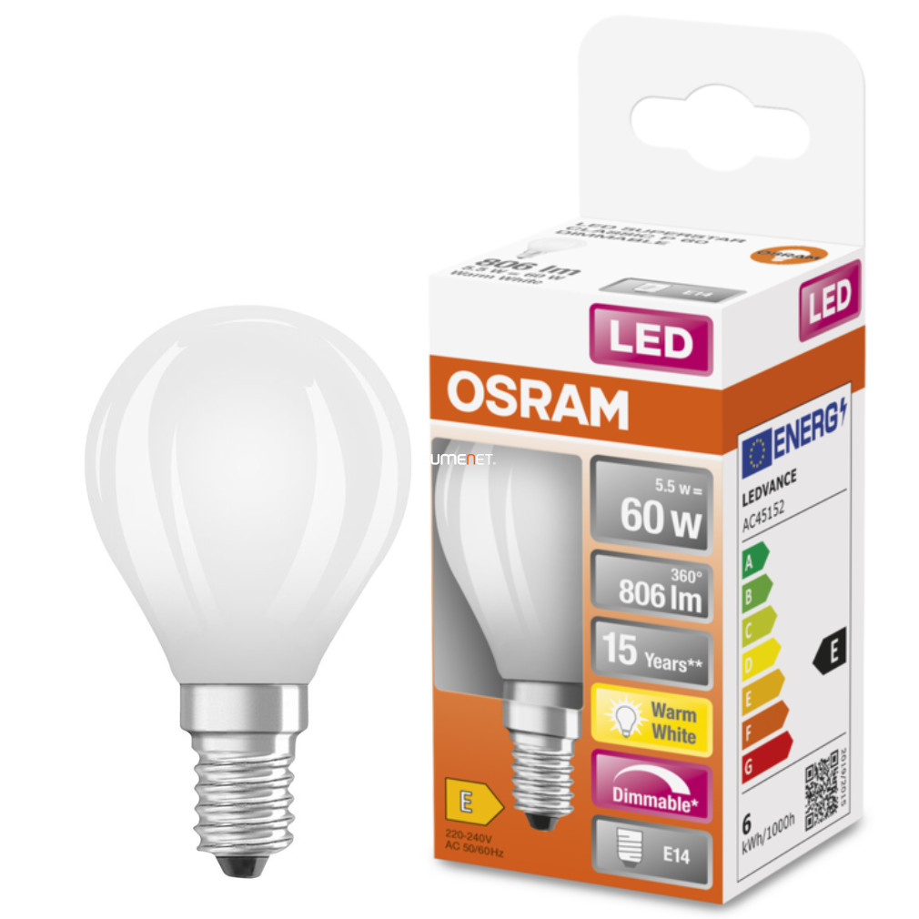 Osram E14 LED SStar glob mic 6.5W 806lm 2700K alb cald, reglabil 320° opal - înlocuiește becul 60W