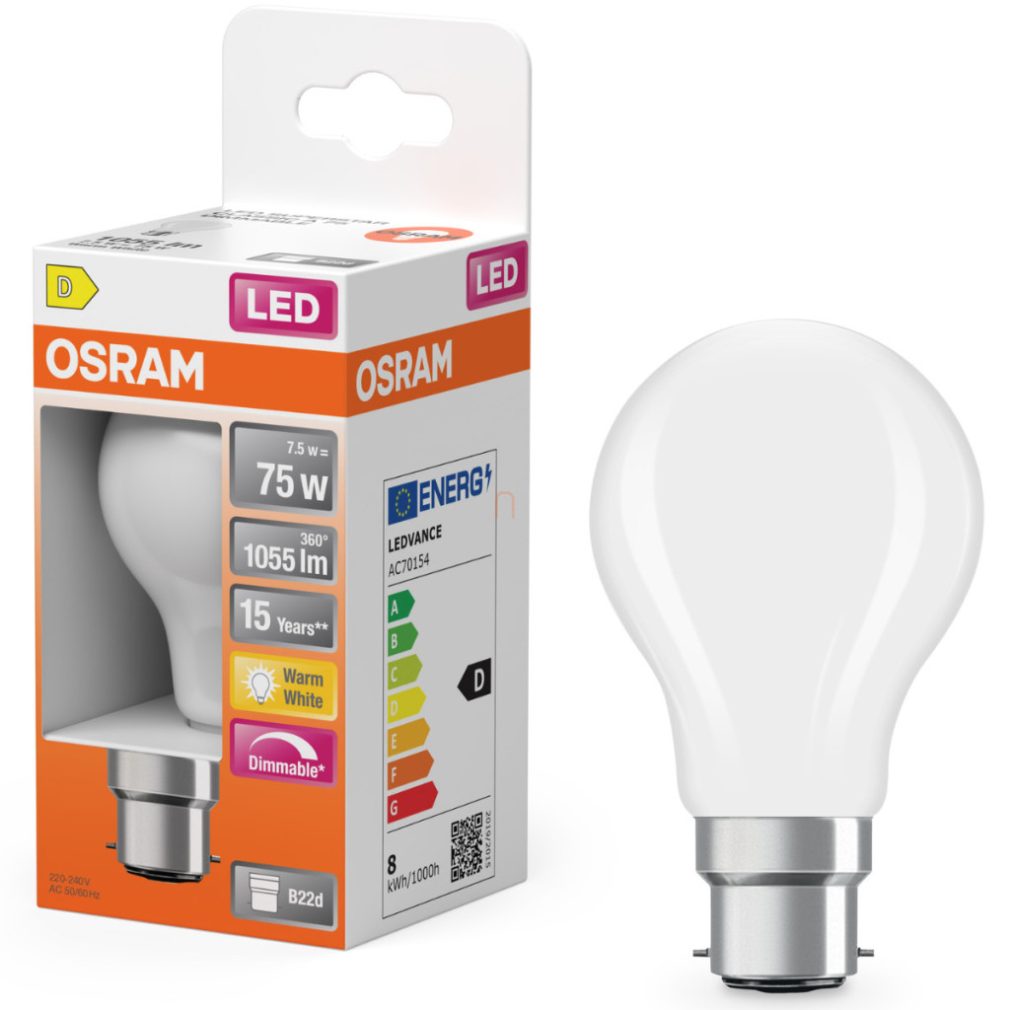 Osram B22d LED 7,5W, 1055 lm, 2700 K, alb cald, dimabil, sticlă opală - înlocuiește becul de 75 W - Superstar Classic A