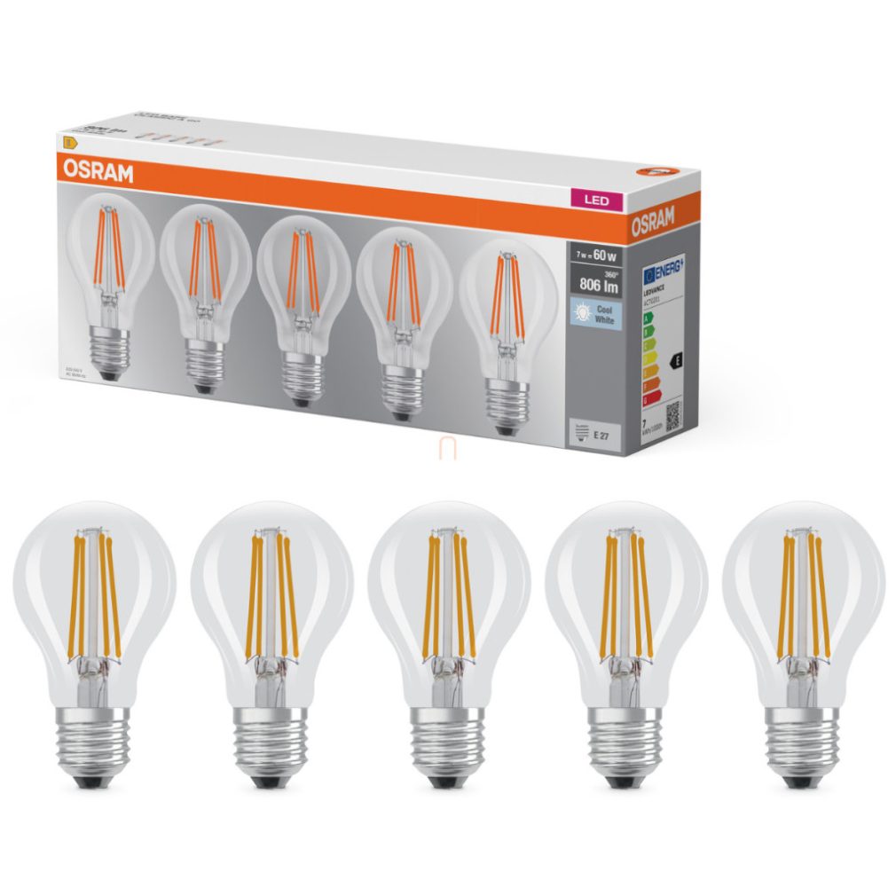 Osram E27 LED 7W, 806 lm, 4000 K, alb rece, sticlă transparentă - înlocuiește becul normal de 60 W, 5 bucăți - Base Classic A 60 filament