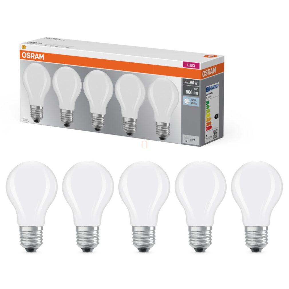 Osram E27 LED 7W, 806 lm, 4000 K, alb rece, sticlă opală - înlocuiește becul normal de 60 W, pachet de 5 bucăți - Base Classic A