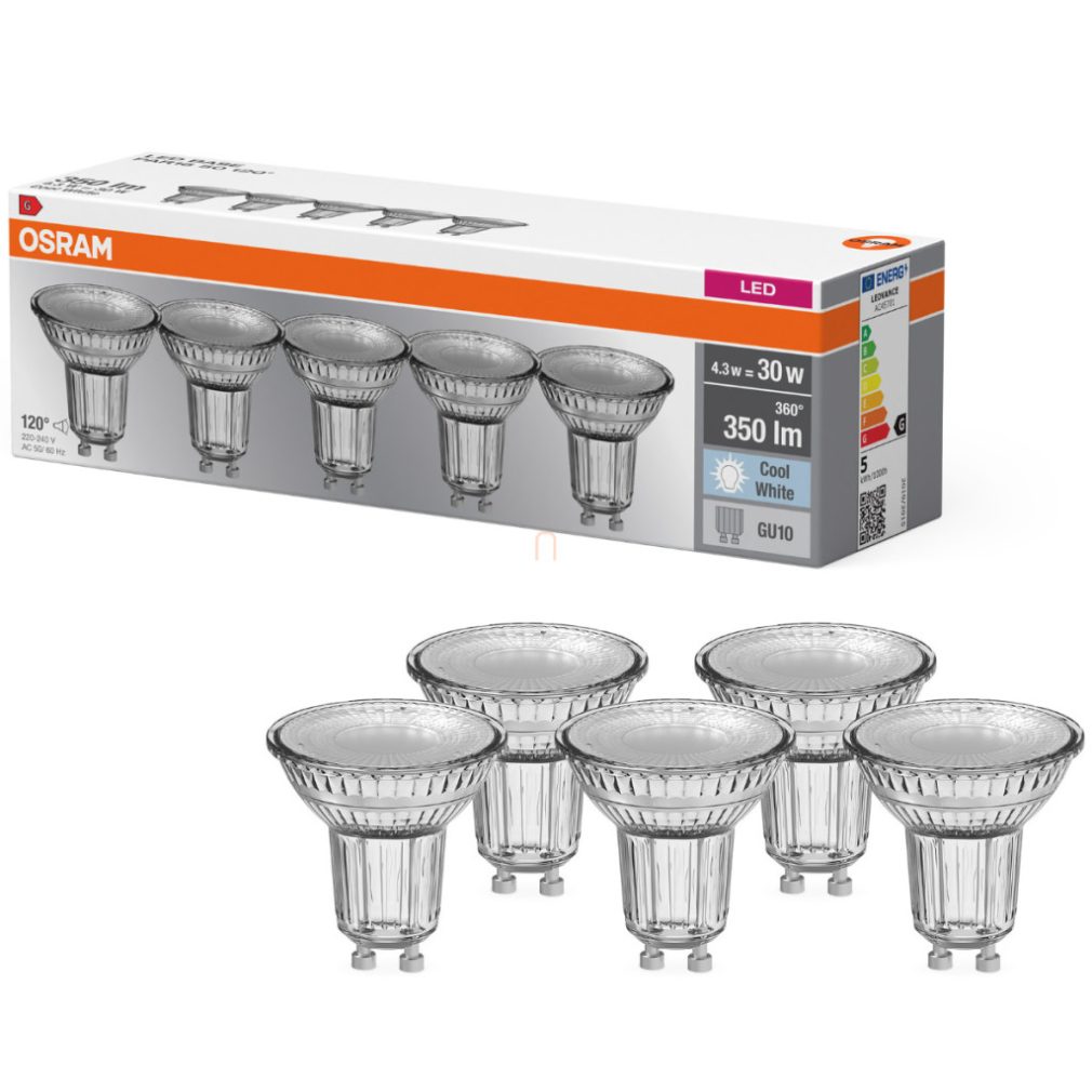 Osram GU10 LED 4,3W, 350 lm, 4000 K, alb rece, sticlă transparentă - înlocuiește becul de 30 W, 5 bucăți - Base Spot PAR16