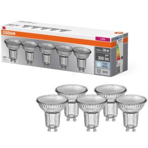   Osram GU10 LED 4,3 W, 350 lm, 4000 K, alb rece, sticlă transparentă - înlocuiește becul de 30 W, 5 bucăți - Soclu Spot PAR16