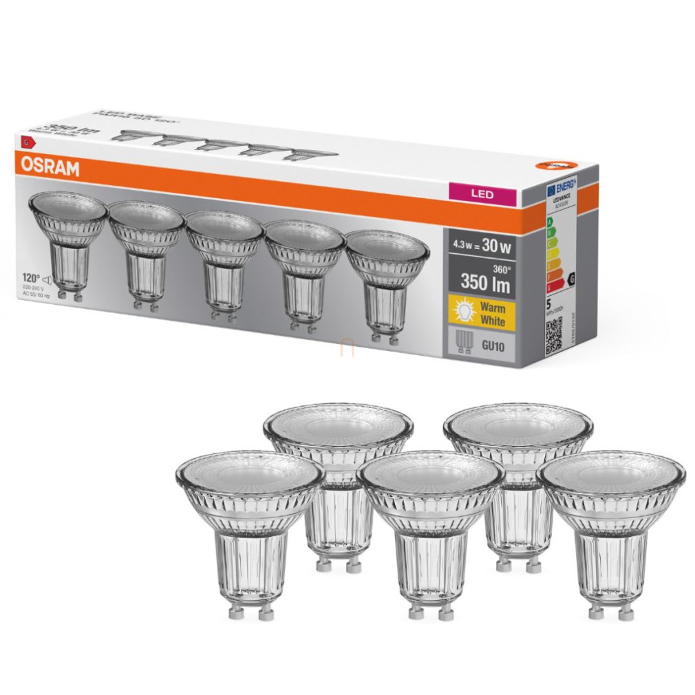 Osram GU10 LED 4,3W, 350 lm, 2700 K, alb cald, sticlă transparentă - înlocuiește becul de 30 W, 5 bucăți - Base Spot PAR16