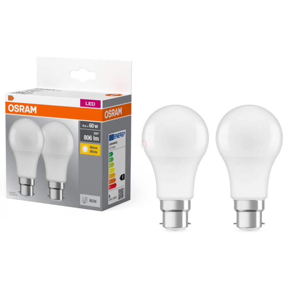 Osram B22d LED 8W, 806 lm, 2700 K, alb cald, plastic opal - înlocuiește becul de 60 W, 2 bucăți - Base Classic A