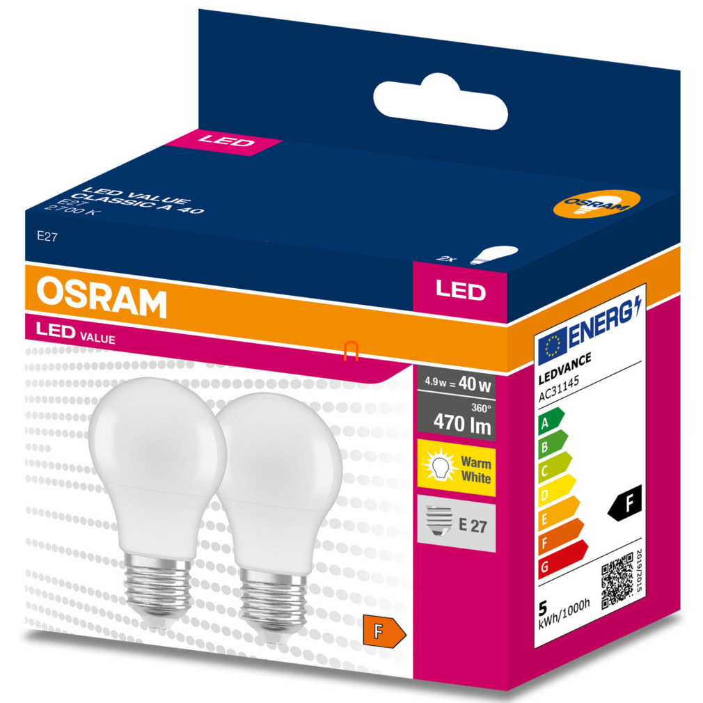 Osram E27 LED Value Classic 4.9W, 470 lm, 2700 K, pentru a înlocui becul de 40 W (2 bucăți)