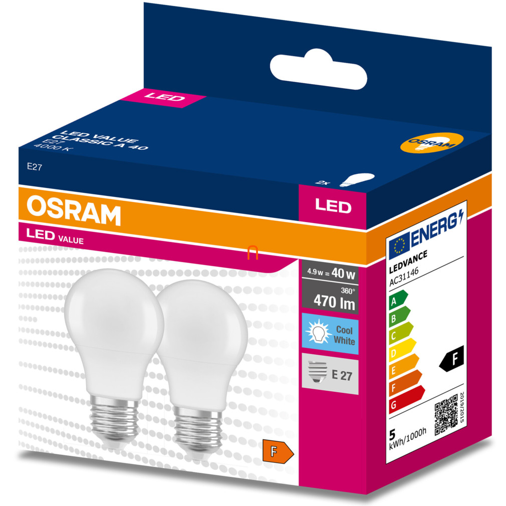 Osram E27 LED Value Classic 4.9W, 470 lm, 4000 K, pentru a înlocui becul de 40 W (2 bucăți)