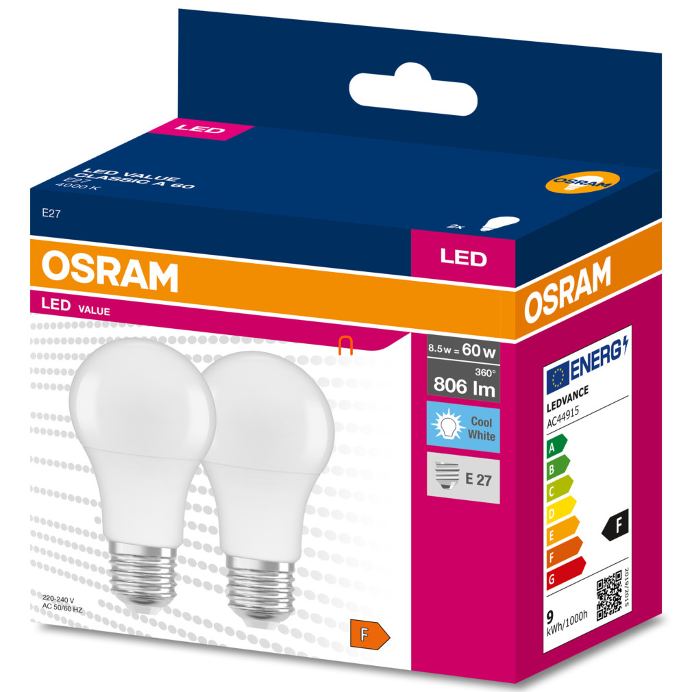 Osram E27 LED Value Classic 8.5W, 806 lm, 4000 K, înlocuiește becul de 60 W (2 bucăți)