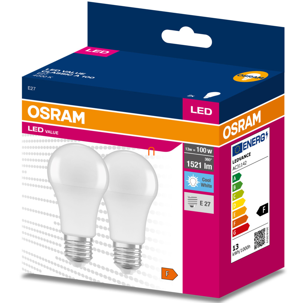 Osram E27 LED Value Classic 13W, 1521 lm, 4000 K, înlocuiește becul de 100 W (2 bucăți)