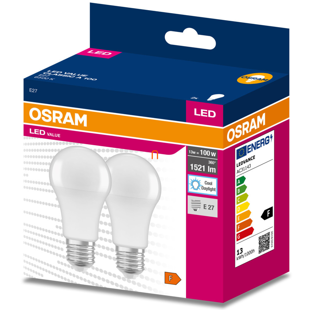Osram E27 LED Value Classic 13W, 1521 lm, 6500 K, înlocuiește becul de 100 W (2 bucăți)