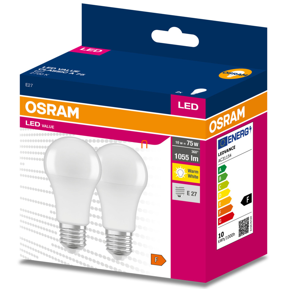 Osram E27 LED Value Classic 10W, 1055 lm, 2700 K, înlocuiește becul de 75 W (2 bucăți)