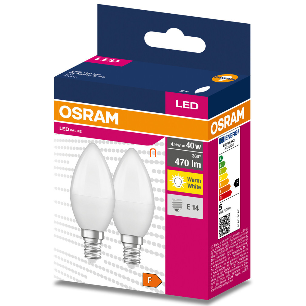 Osram E14 LED Value Classic bec 4,9W, 470 lm, 2700 K, înlocuiește becul incandescent de 40 W (2 bucăți)