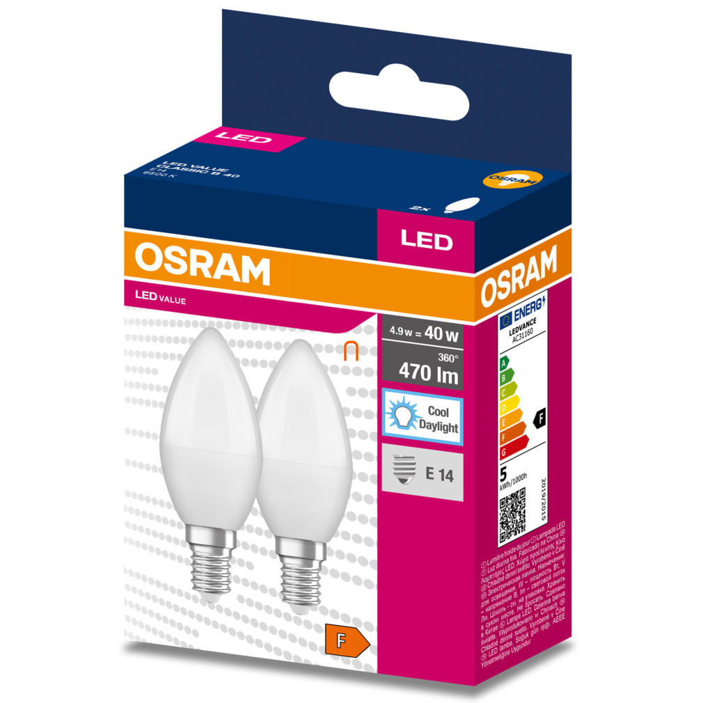 Osram E14 LED Value Classic bec de lumini 4,9 W, 470 lm, 6500 K, înlocuiește becul incandescent de 40 W (2 bucăți)