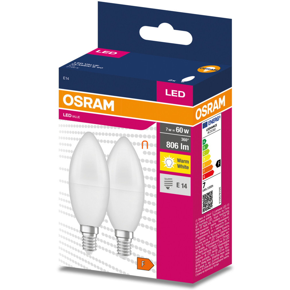 Osram E14 LED Value Classic lumânare sursă de lumină 7W, 806 lm, 2700 K, înlocuiește becul de 60 W (2 bucăți)