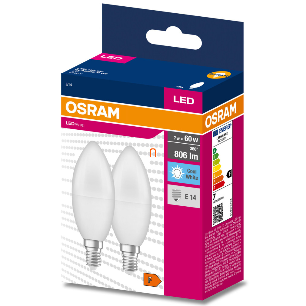 Osram E14 LED Value Classic lumânare sursă de lumină 7W, 806 lm, 4000 K, înlocuiește becul de 60 W (2 bucăți)