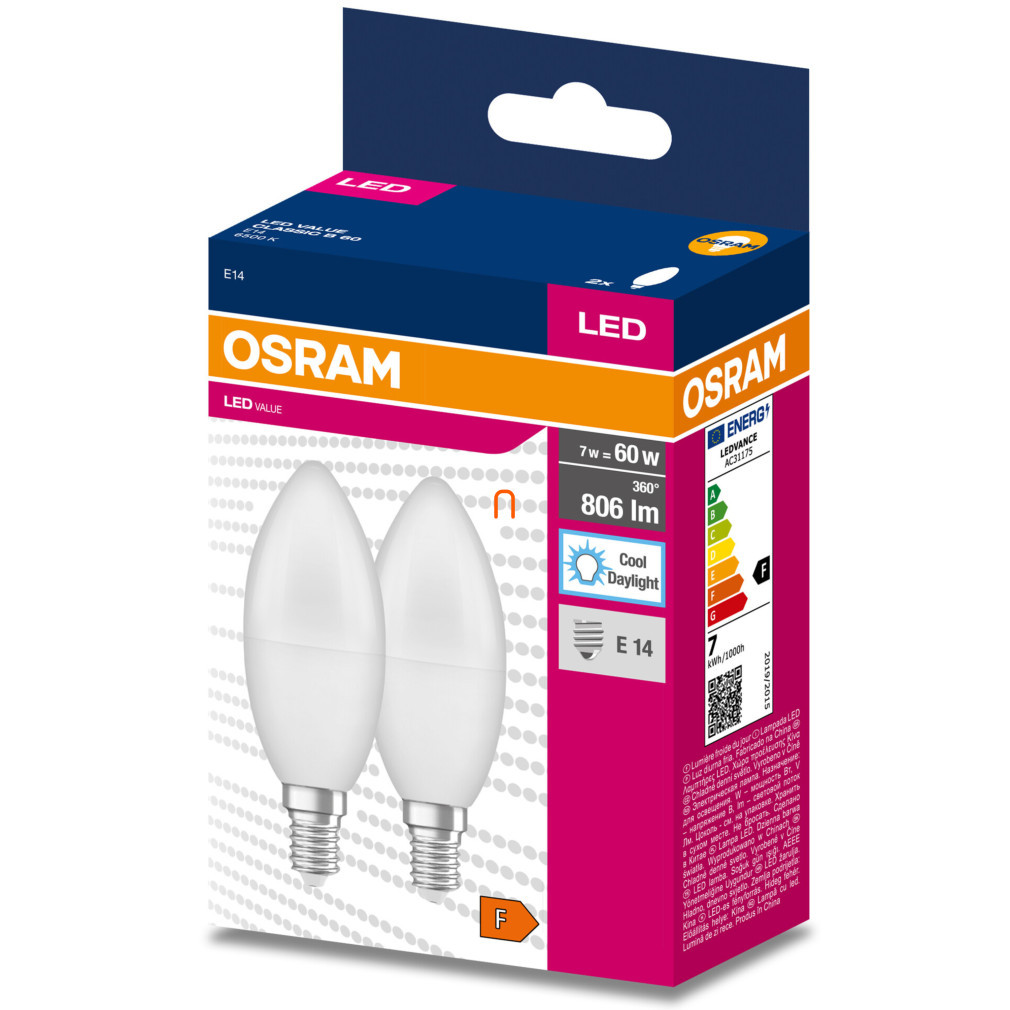 Osram E14 LED Value Classic beculeț 7,5W, 806 lm, 6500 K, înlocuiește becul incandescent de 60 W (2 bucăți)