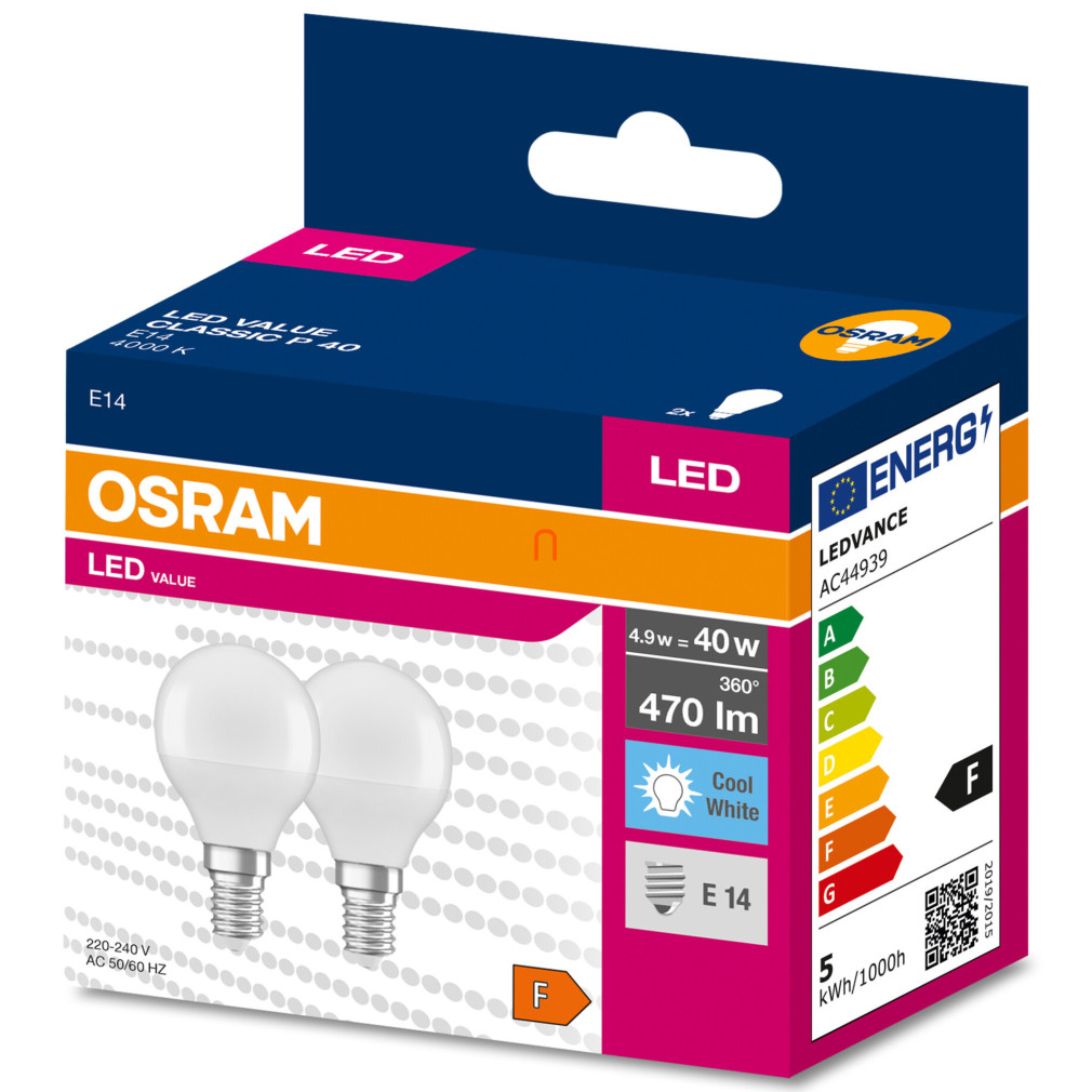 Osram E14 LED Value Classic glob mic 4,9W, 470 lm, 4000 K, înlocuire bec 40 W (2 bucăți)