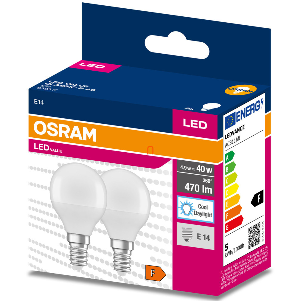 Osram E14 LED Value Classic glob mic 4,9 W, 470 lm, 6500 K, înlocuiește becul de 40 W (2 bucăți)