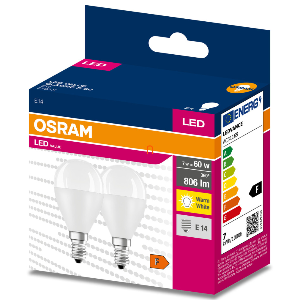 Osram E14 LED Value Classic 7W, 806 lm, 2700 K, înlocuiește becul de 60 W (2 bucăți)