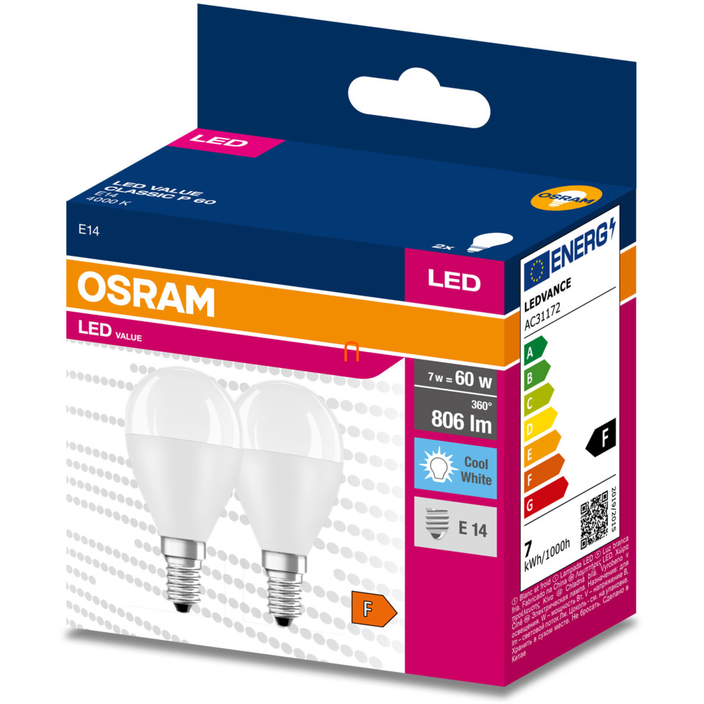 Osram E14 LED Value Classic 7W, 806 lm, 4000 K, înlocuiește becul de 60 W (2 bucăți)