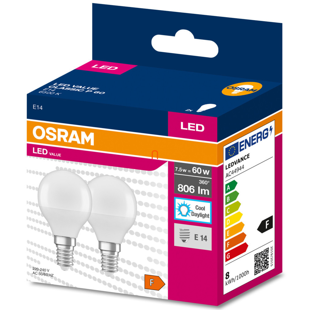 Osram E14 LED Value Classic 7,5W, 806 lm, 6500 K, înlocuiește becul de 60 W (2 bucăți)
