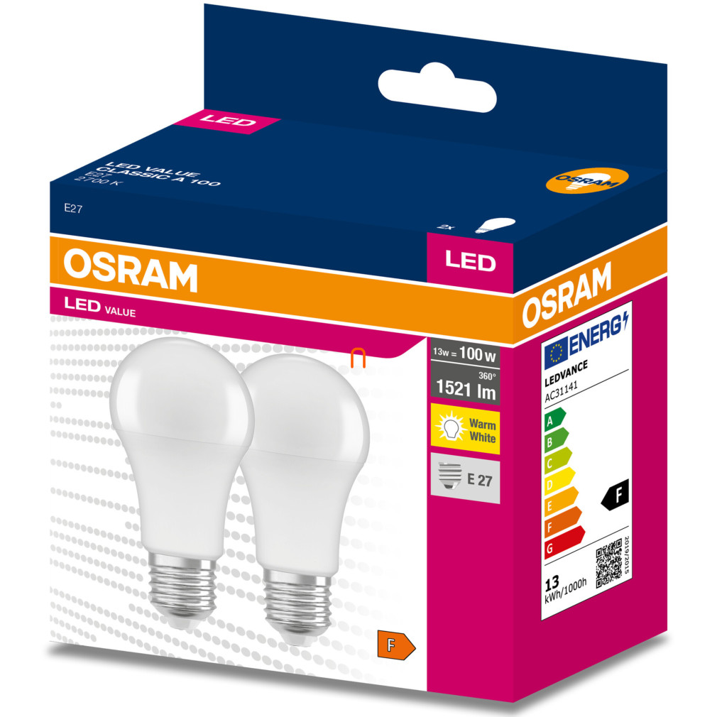 Osram E27 LED Value Classic 13W, 1521 lm, 2700 K, înlocuiește becul de 100 W (2 bucăți)