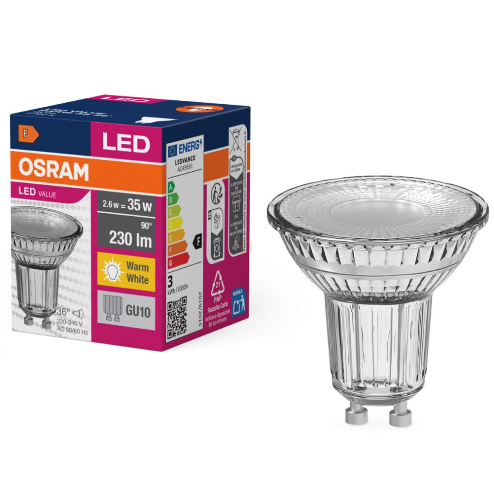 Osram GU10 LED 2,6W, 230 lm, 2700 K, alb cald, sticlă transparentă - înlocuiește becul de 35 W - Value Spot PAR16