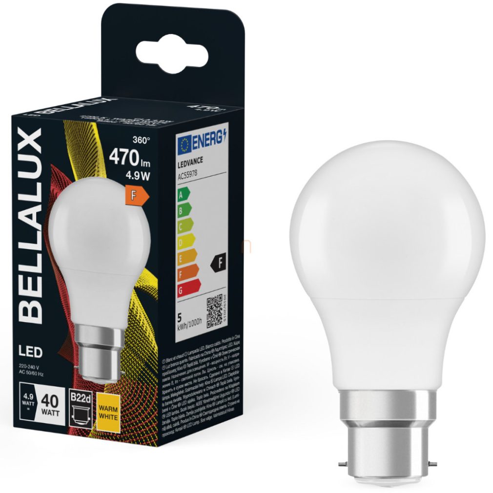 Bellalux B22d LED 4,9W, 470 lm, 2700 K, alb cald, plastic opal - înlocuiește becul de 40 W - Classic A