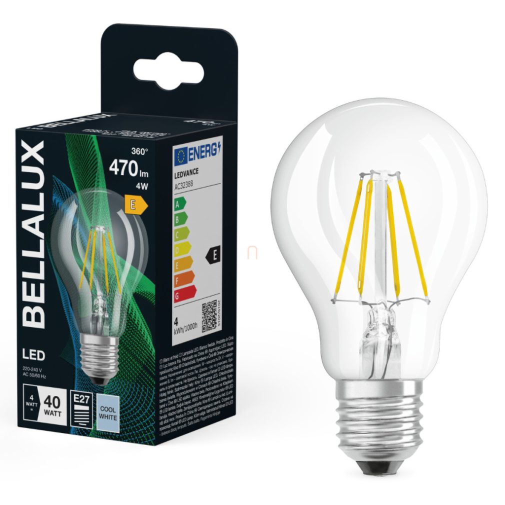 Bellalux E27 LED, 4W, 470 lm, 4000 K, alb rece, sticlă transparentă - înlocuiește becul normal de 40 W - Classic A 40 filament