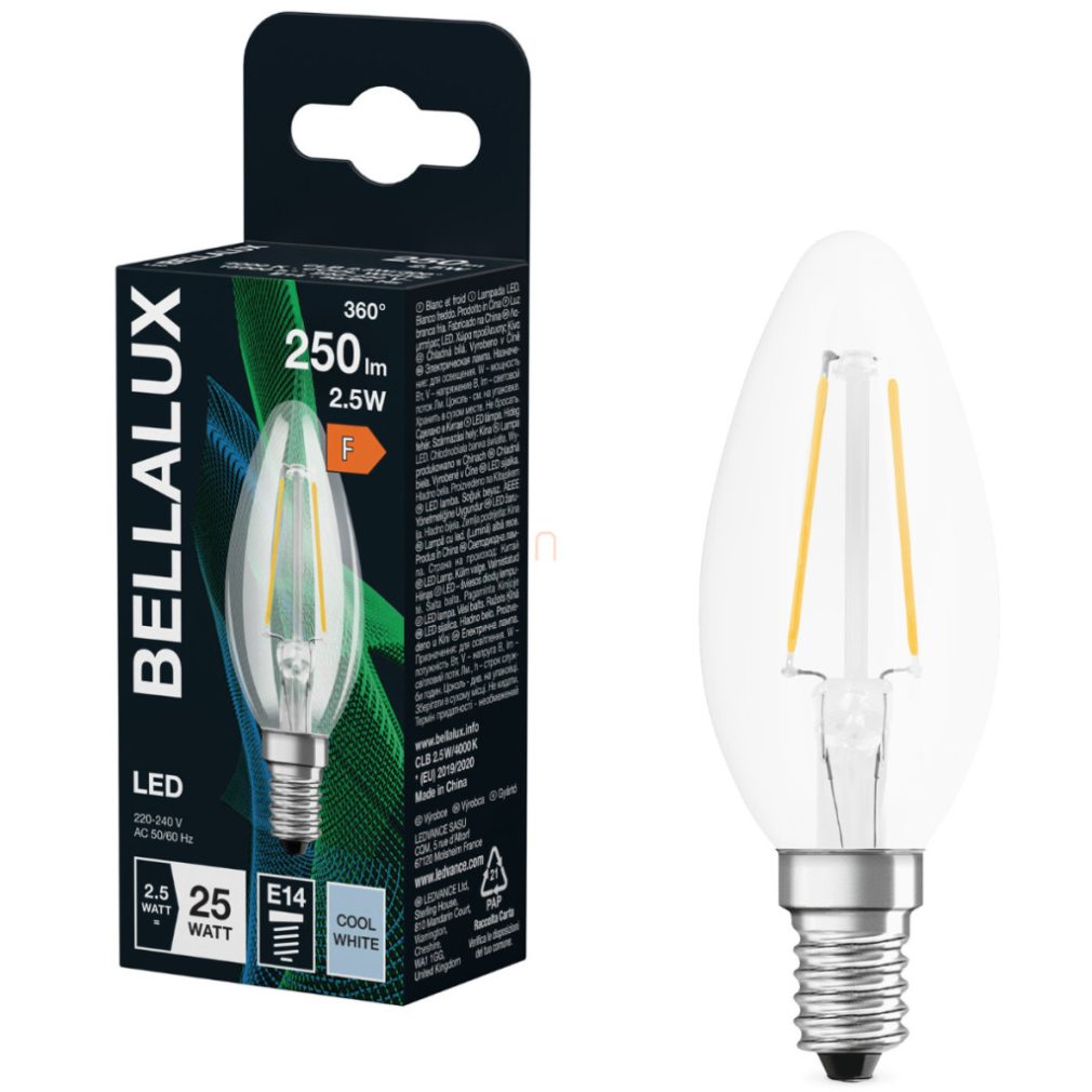 Bellalux E14 LED lumânare, 2,5 W, 250 lm, 4000 K, alb rece, sticlă transparentă - înlocuiește becul de 25 W - filament Classic B