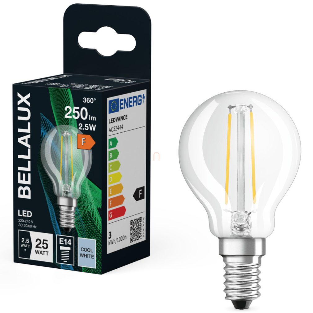 Bellalux E14 LED globule, 2,5 W, 250 lm, 4000 K, alb rece, sticlă transparentă - înlocuiește becul de 25 W - filament Classic P