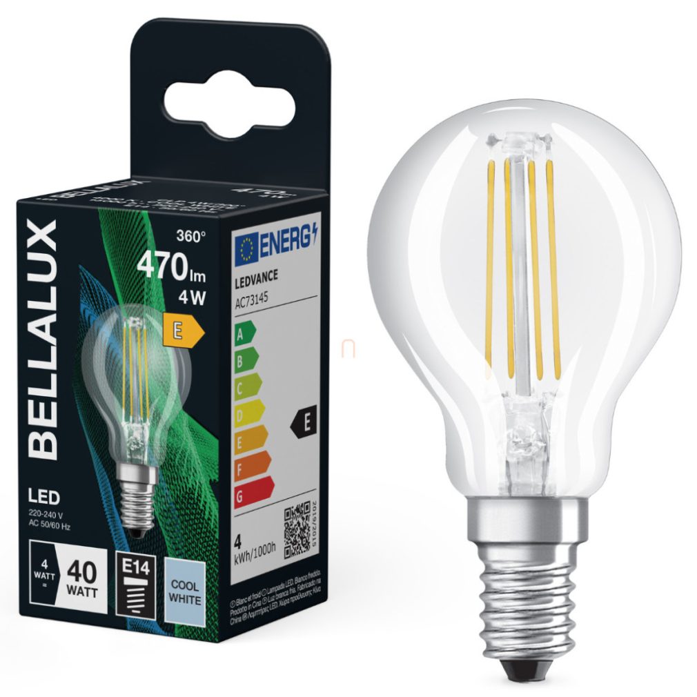 Bellalux E14 LED glob mic, 4W, 470 lm, 4000 K, alb rece, sticlă transparentă - înlocuiește becul de 40 W - filament Classic P