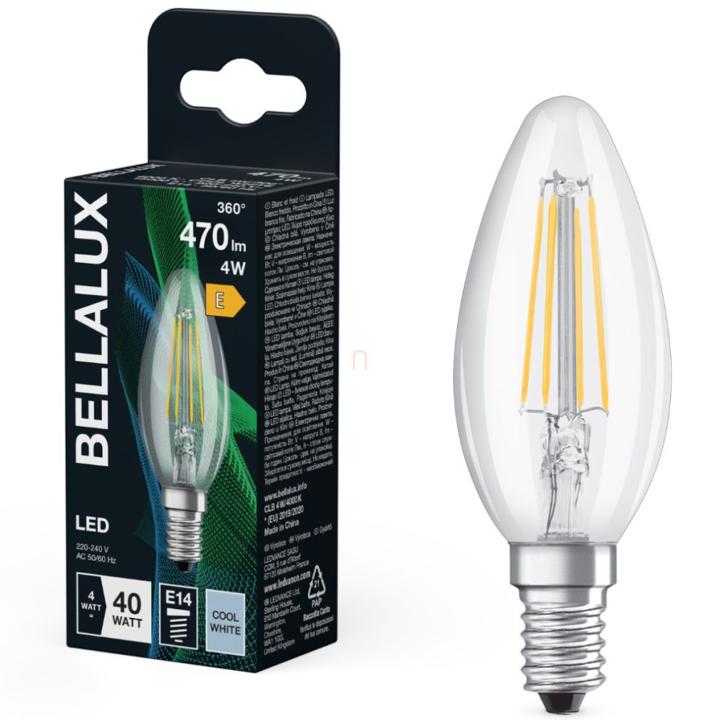 Bellalux E14 LED lumânare, 4W, 470 lm, 4000 K, alb rece, sticlă transparentă - înlocuiește becul de 40 W - Classic B filament