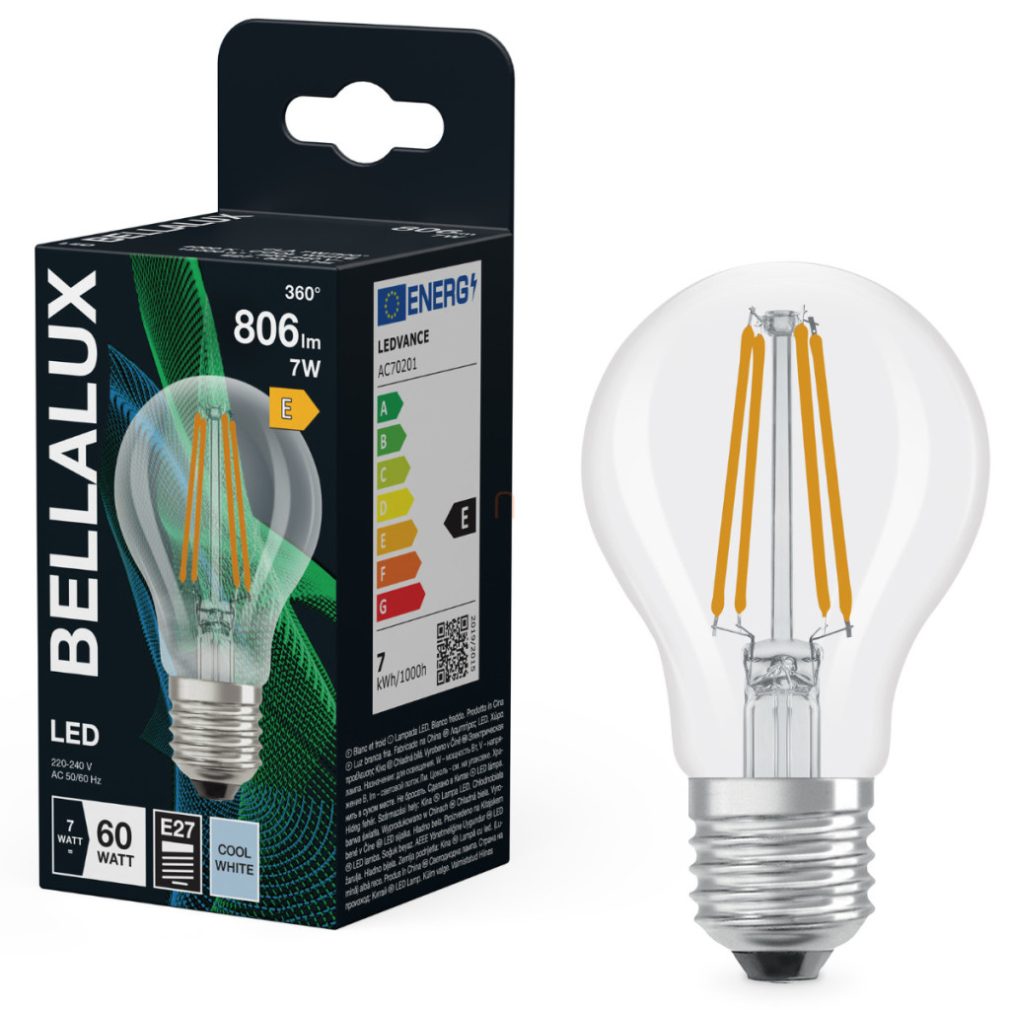 Bellalux E27 LED, 7W, 806 lm, 4000 K, alb rece, sticlă transparentă - înlocuiește becul normal de 60 W - Classic A 60 filament
