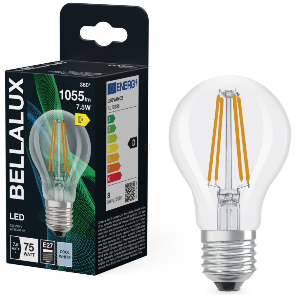 Bellalux E27 LED, 7,5 W, 1055 lm, 4000 K, alb rece, sticlă transparentă - înlocuiește becul normal de 75 W - Classic A 75 filament