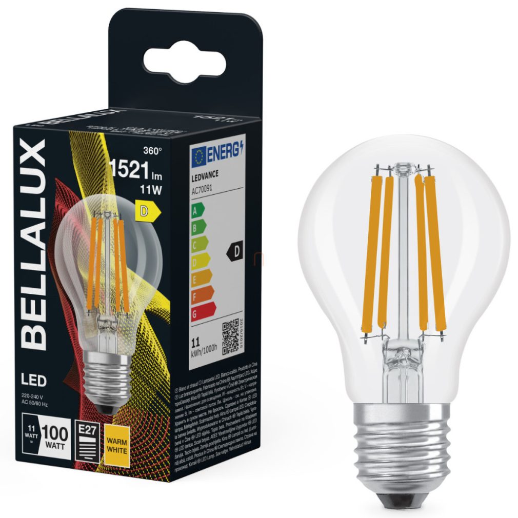 Bellalux E27 LED, 11W, 1521 lm, 2700 K, alb cald, sticlă transparentă - înlocuiește becul normal de 100 W - Classic A 100 filament