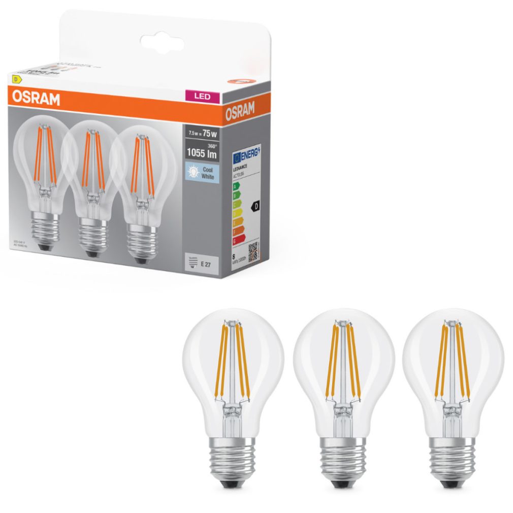 Osram E27 LED 7,5W, 1055 lm, 4000 K, alb rece, sticlă transparentă - înlocuiește becul normal de 75 W, 3 bucăți - Classic A 75 filament