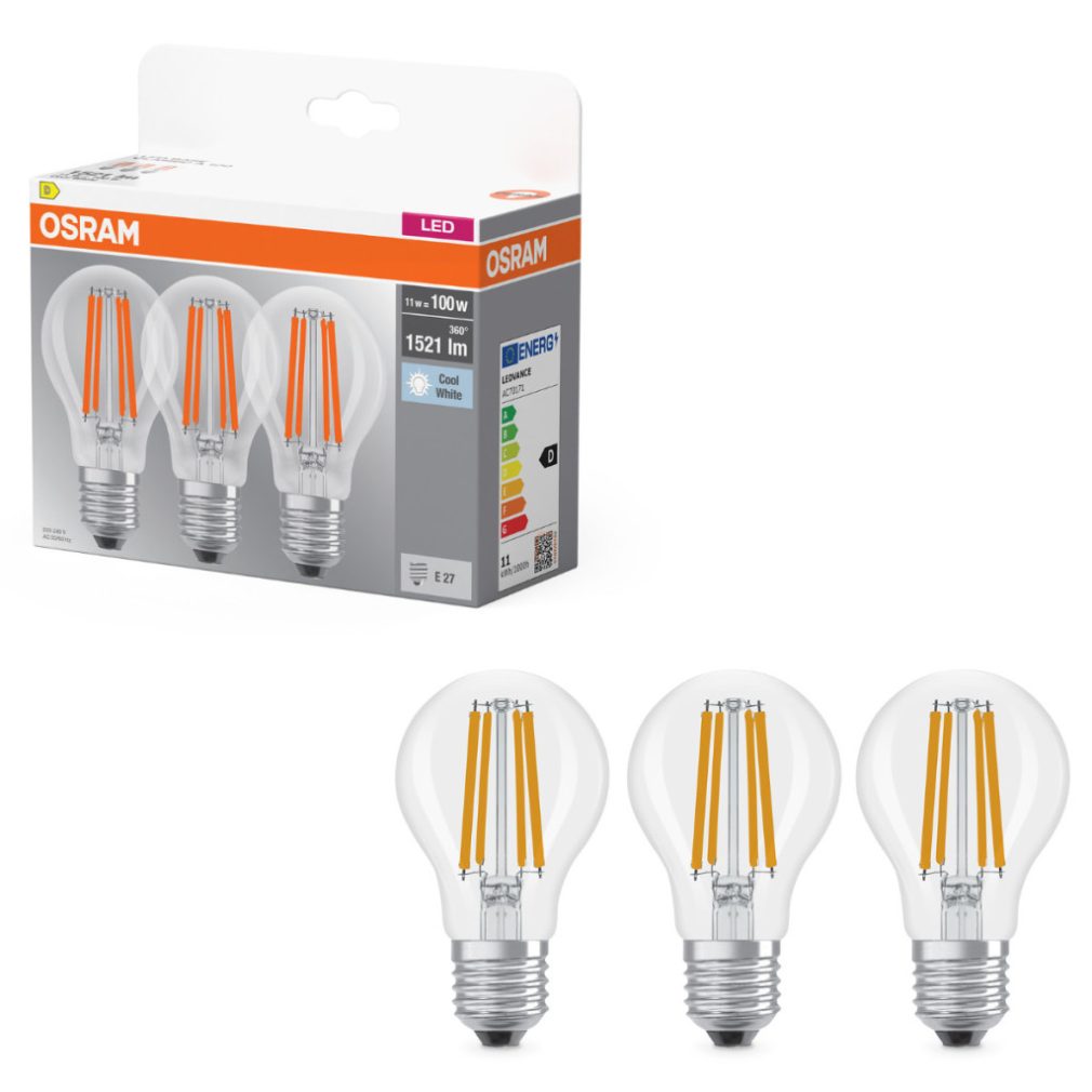 Osram E27 LED 11W, 1521 lm, 4000 K, alb rece, sticlă transparentă - înlocuiește becul normal de 100 W, 3 bucăți - Base Classic A filament