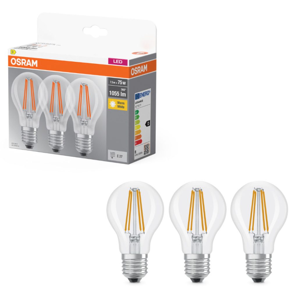 Osram E27 LED 7,5W, 1055 lm, 2700 K, alb cald, sticlă transparentă - înlocuiește becul normal de 75 W, 3 bucăți - Base Classic A filament